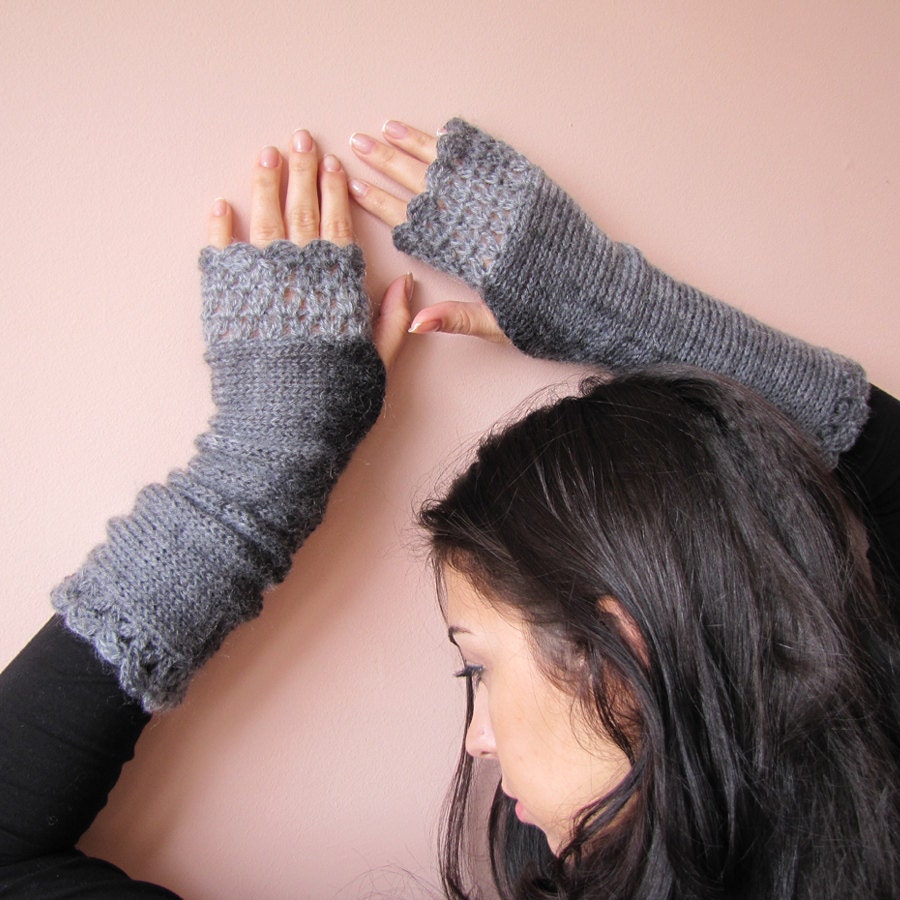 Elegant Hand knitted Fingerless Gloves in charcoal and grey shades - elfinhouse