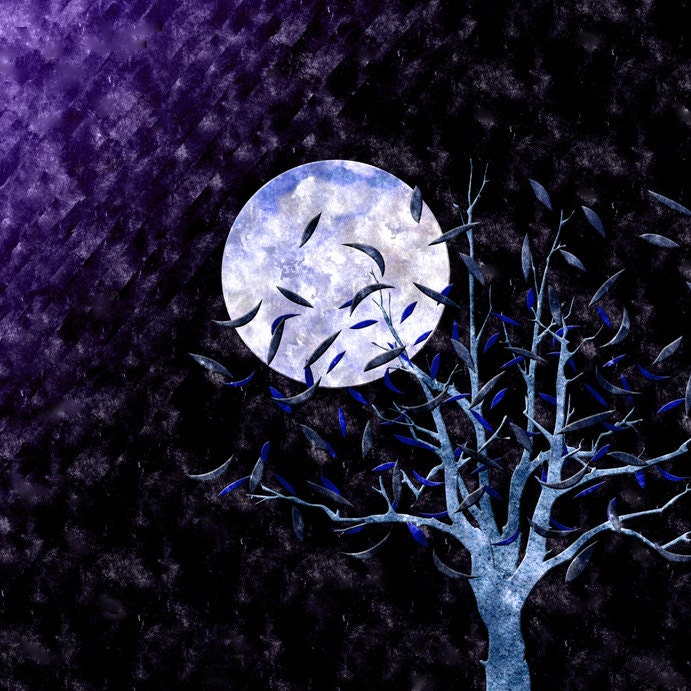 Full Moon Tree with Scattered Leaves, purple night sky royal blue moon, nature scene, 8 x 8 in print, bright modern art metallic finish