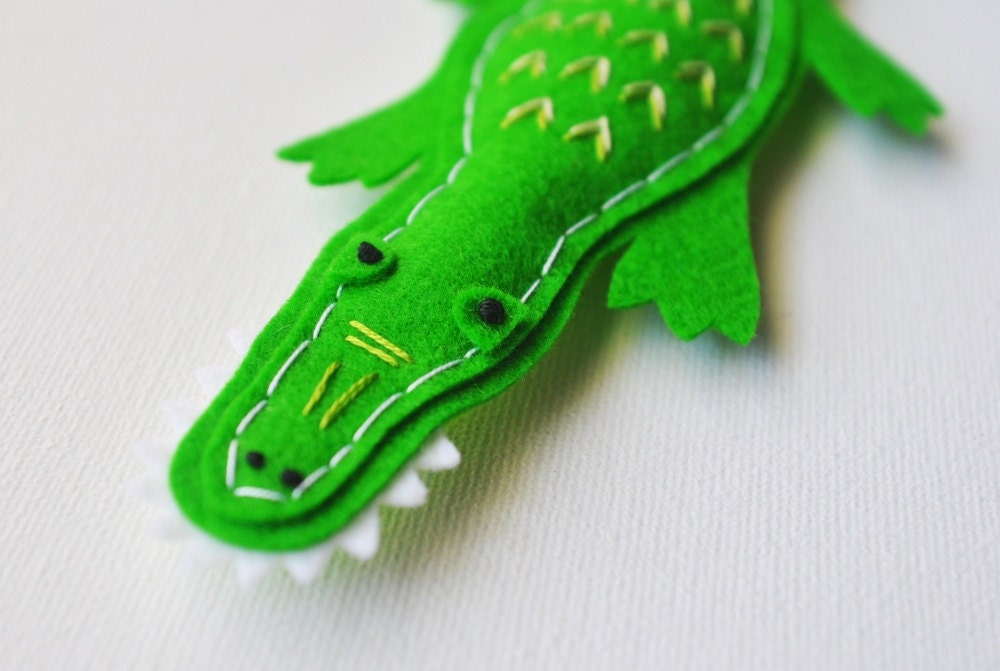Earth Day - Renewable Fiber - American Alligator Stuffed Wool Animal - Cute Soft Sculpture Toy - Felt Plush - Spring Green