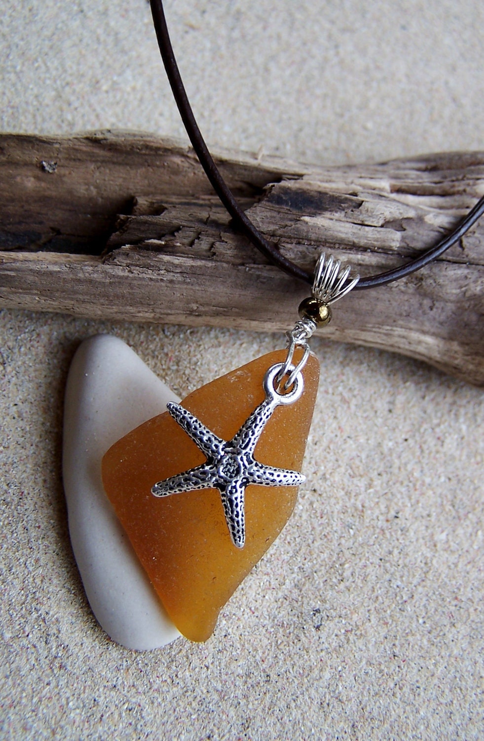 Sea Glass Necklace in Amber with Pewter Starfish Charm