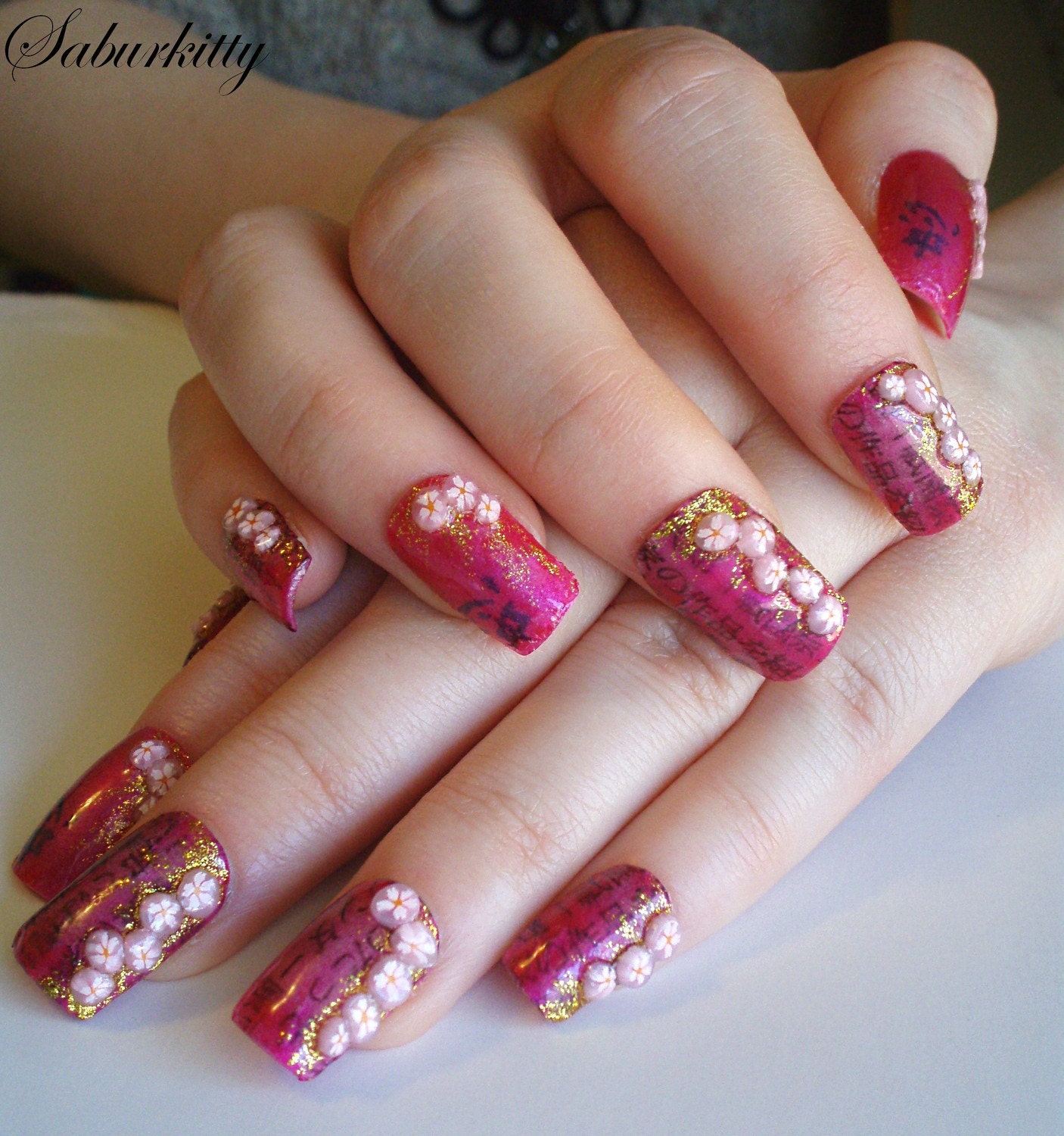Flower Nail Art Japanese Cherry Blossom Love Scroll red Sakura fake nails 3d textured manicure nail design artificial nails