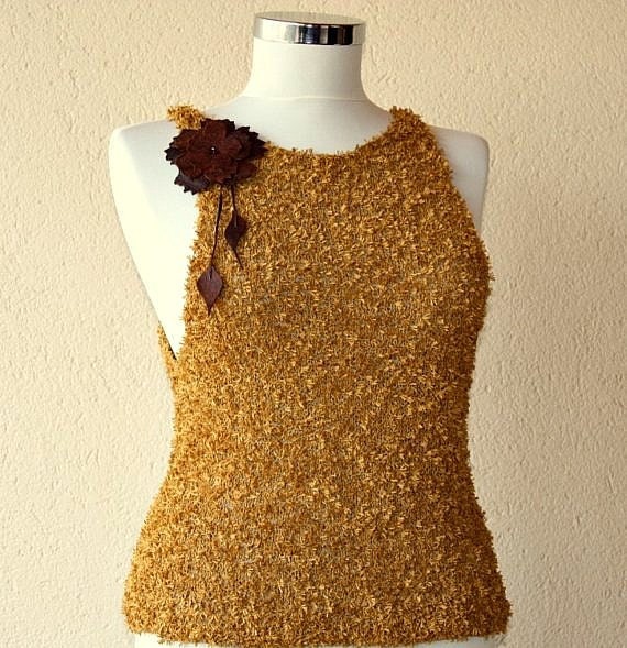 Beauty of Saffron /Knit Top Mustard Crochet Sleeveless Blouse Tank Top XS S M Cotton Shirt Tunic  Knitted Sweater Top Leather Flower
