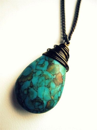 Brass Wrapped Turquoise Mosaic Pendent Necklace