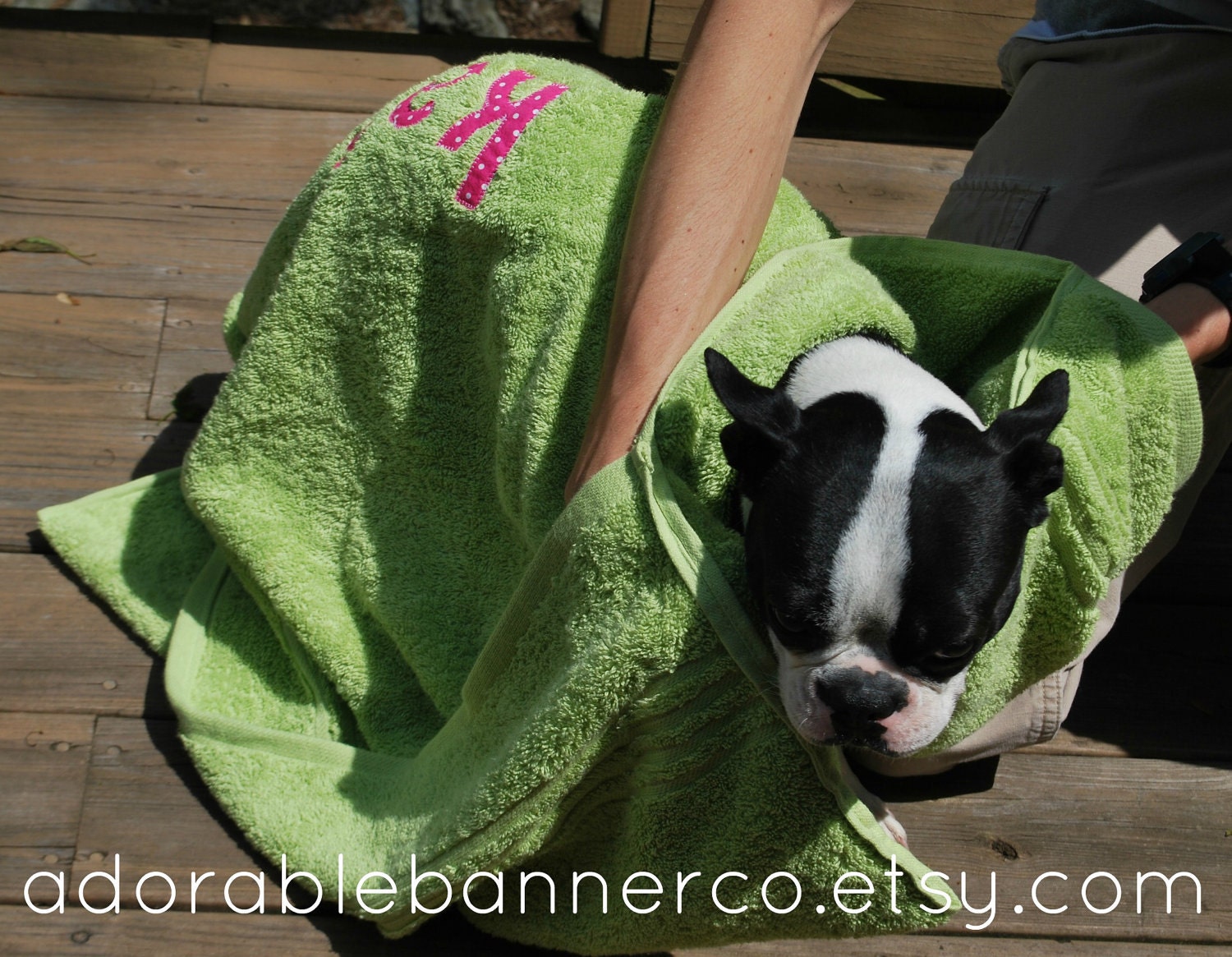 Dog towel, personalized for pets.  Handy drying pockets.