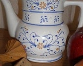 French Teapot European Style Country Shabby Vessel With Cobalt Detail -Very Cottage Chic- Numbered- Vintage