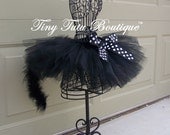 Pretty Kitty---Black with black/ white polkadot marabou baby/child TUTU with Free matching puff hairclips - 2T/3T, 4T/5T