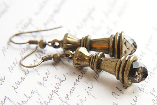 Chess Queen Earrings. Smoky Quartz Crystal. Antique Bronze. Chess Piece. TAGT TEAM