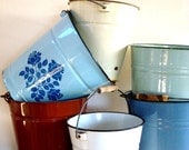 Vintage French  Enamel Buckets in Blues, Yellow or White, all with Wooden handle