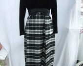 Vintage 1960s Dress Maxi Long Velvet Satin Plaid Empire Waist Bow