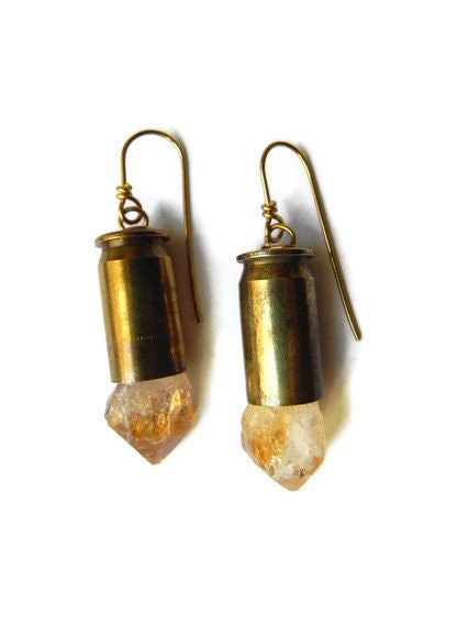 bullet drop earrings, mineral bullet drop earrings, rough citrine in bullet casing earrings, bullet jewelry, yellow