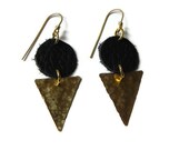 geometric drop earrings, leather earrings, brass triangle earrings, leather jewelry, hipster earrings, rocker earrings