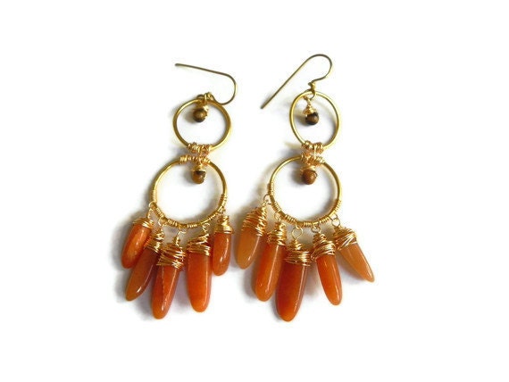 Chandelier earrings, gemstone chandelier earrings, Aventurine chandelier earrings, bohemian bead earrings, orange chandelier earrings