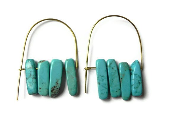 turquoise colored stone hoop earrings, southwestern hoop earrings, gold tone geometric hoop earrings, turquoise, mod earrings