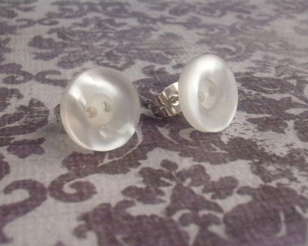 White Earrings, Button, Opaque, Stud, Post, Plastic