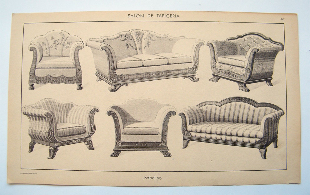 1920s Antique Elizabethan furniture engraving from Spain.