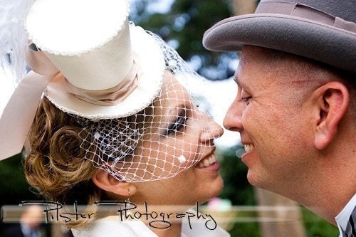 Bridal Mini Top Hat - Ivory, White, Pink, Birdcage Veil, Ostrich Feathers - Un-Veiled