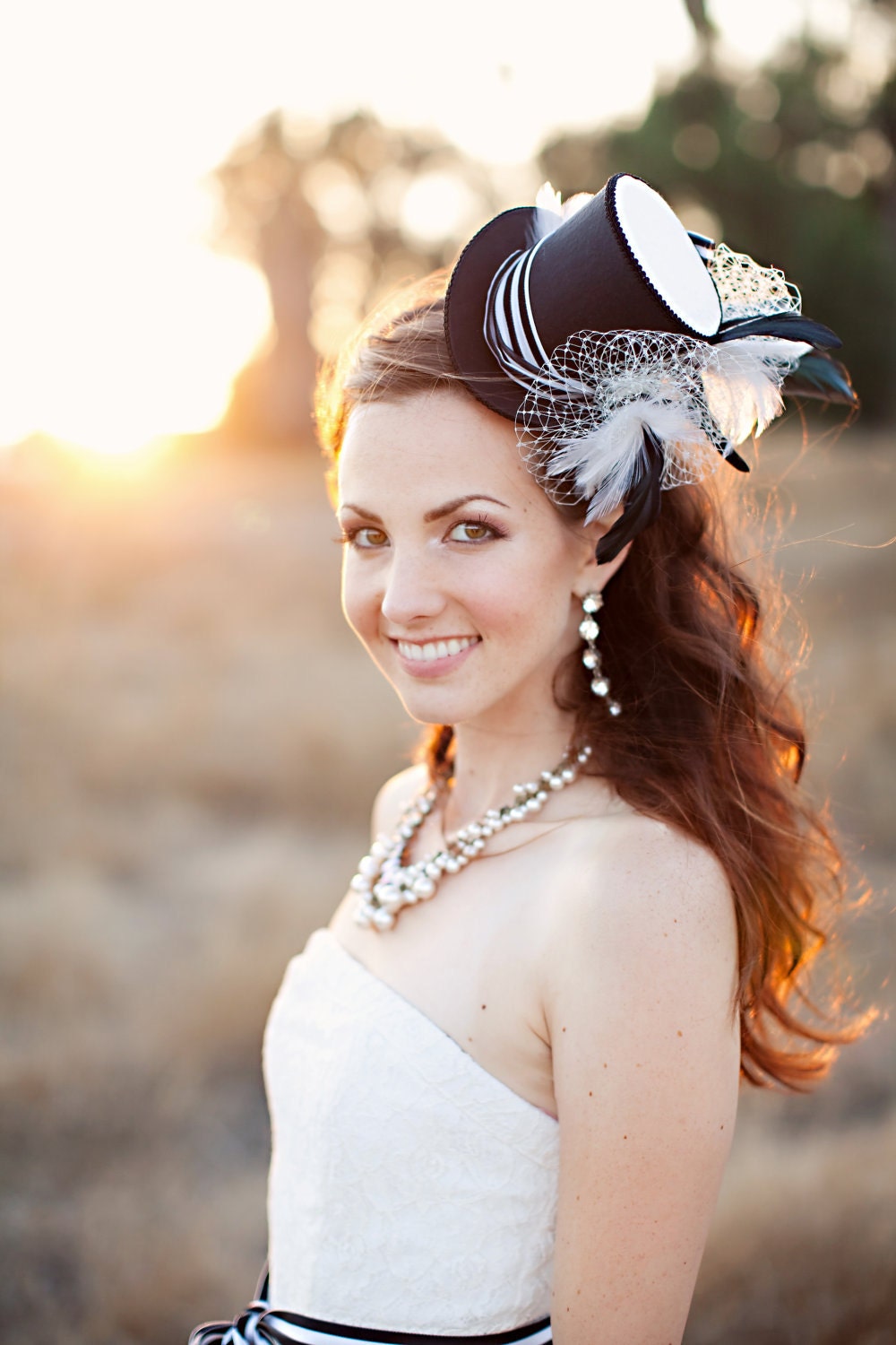 Wedding top hat, bridal mini top hat, black and white bride hair topper, headpiece headband, birdcage veil hat with feathers: My Fair Lady