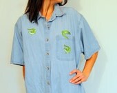 SALE-Vintage Alligator Menswear Light Denim Alligator Crocodile Collared Shirt