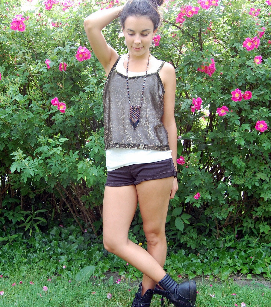 Vintage 90s Sheer Black and Gold Metallic Tank Crop Top