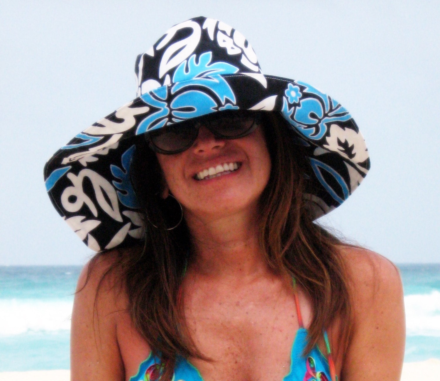 Wide Brim Sun Hat in Hawaiian Print Turquoise, Black, and White Summer Hat by Freckles California sizes: small, medium, or large available