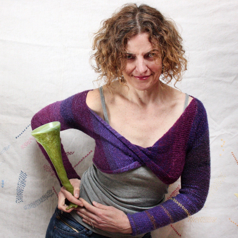 Purple Passion Flower Shrug, infinity with sleeves - cropped bolero wrap front sweater