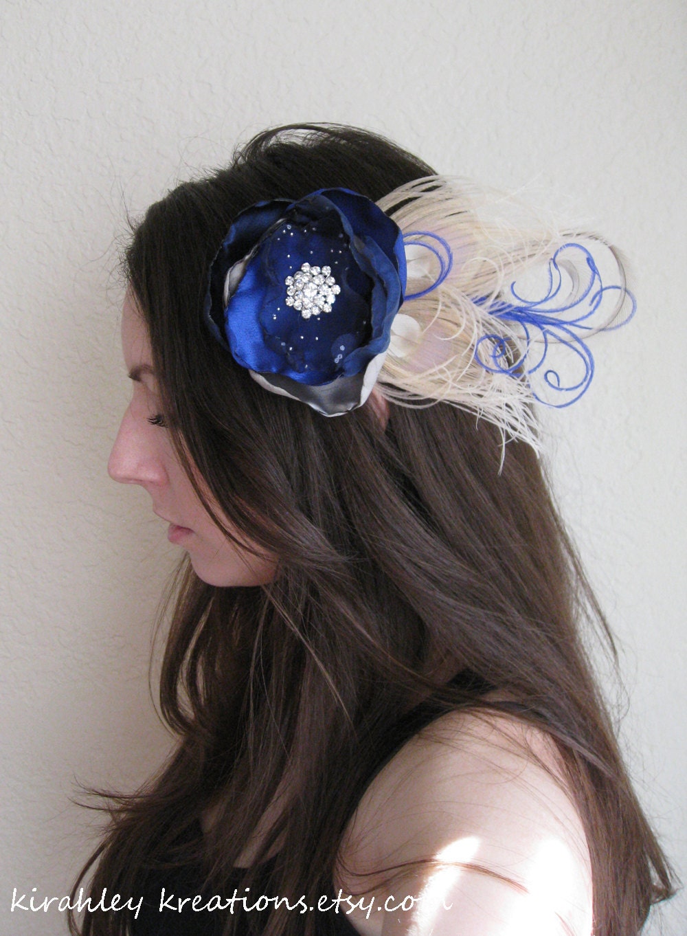 VICTORIA -- Wedding Bridal Fascinator Headpiece in Sapphire Blue & Gray Handmade Flower w/ Rhinestones, Champagne Peacock Feathers