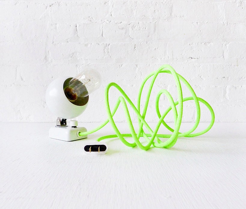 Lighting - Mini Chub SpaceBall Galaxy Lamp- Vintage White Eyeball Mod Light w/ Neon Green Yellow Cord