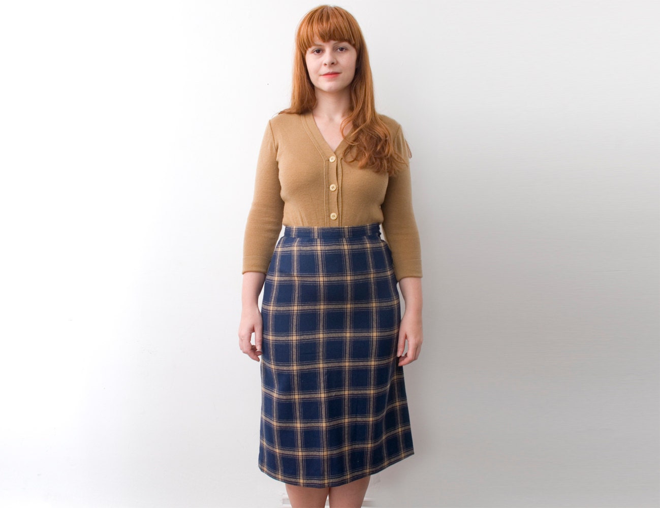 Sale 50% NOS Vintage Pencil blue beige  plaid Skirt size M