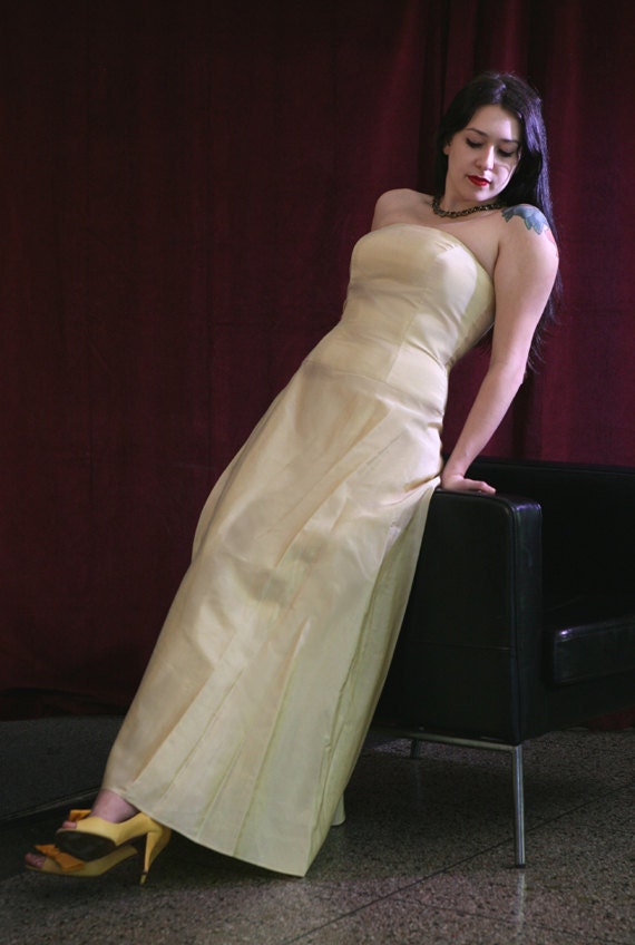 Vintage 80s "Sunshine Dress": Satin Strapless Prom Party Bridemaid Gown