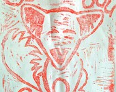 CANVAS Tote "God Bless You Snow TACO"  Red LINOLEUM Block Print