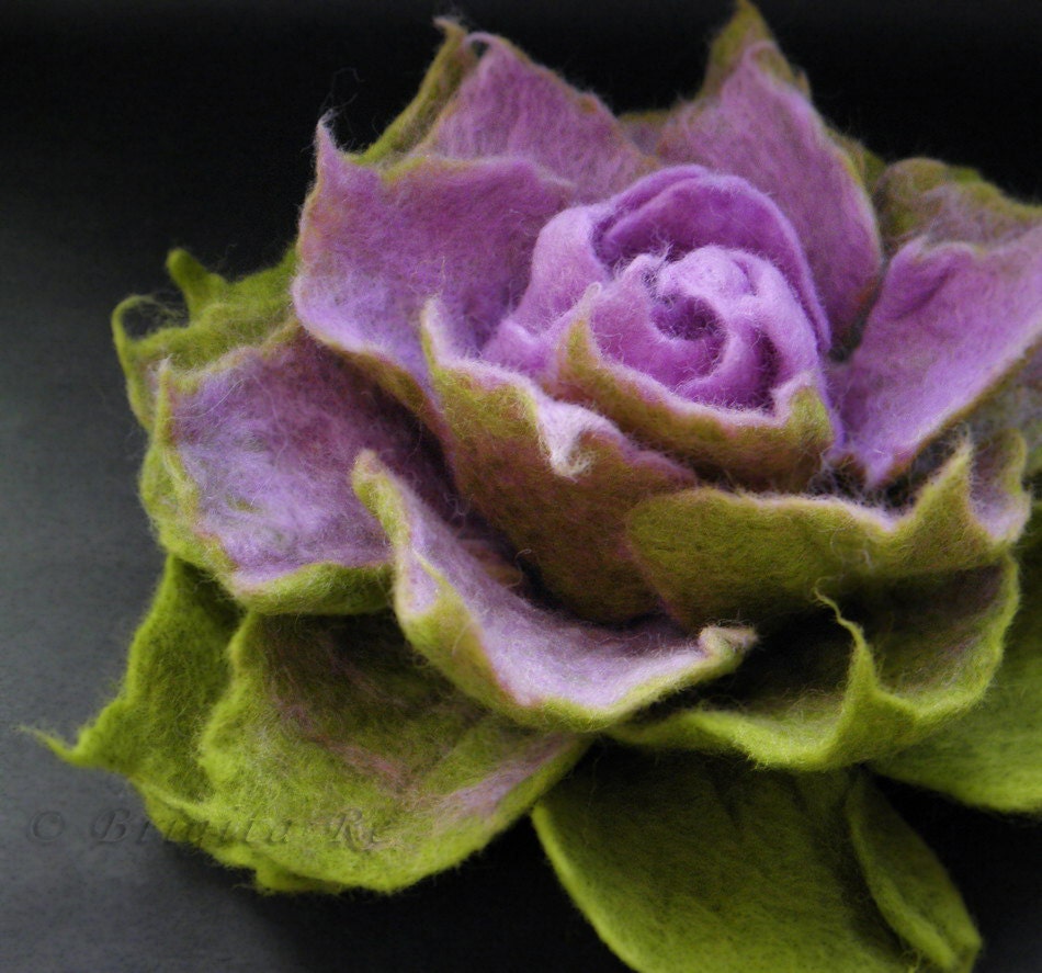 Lavender and Apple Green Felt Flower Brooch