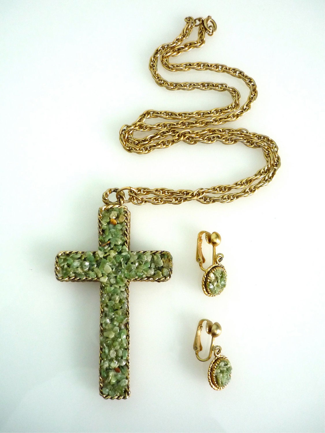 Vintage Crucifix Set - Jade Stones - Free shipping USA