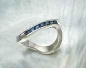 blue sapphire ring - half eternity band - wavy stacking ring -- channel setting in 14k white gold