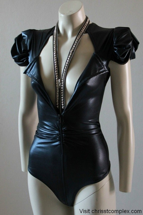 Bodysuit Black Pvc Latex Look Gothic Dark Fashion Barbie Kawaii Lolita Cosplay - Chrisst's black pvc bodysuit - SPECIAL ETSY PRICE