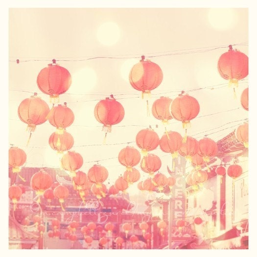 asian decor, LA photography, Chinatown, paper red chinese hanging lanterns, Los Angeles dreamy cotton candy pink urban travel California