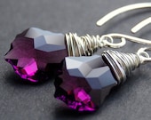 Purple Crystal Earrings, Amethyst Swarovski Crystal Wire Wrapped Baroque Briolette Drops on Handmade Sterling Silver Earwires