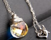 Clear AB Pendant Necklace, Aurora Borealis Swarovski Crystal Wire Wrapped Flat Pear Teardrop on Sterling Silver Cable Chain