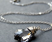 Gray Crystal Necklace, Black Diamond Swarovski Crystal Wire Wrapped Baroque Pendant on Sterling Silver Cable Chain
