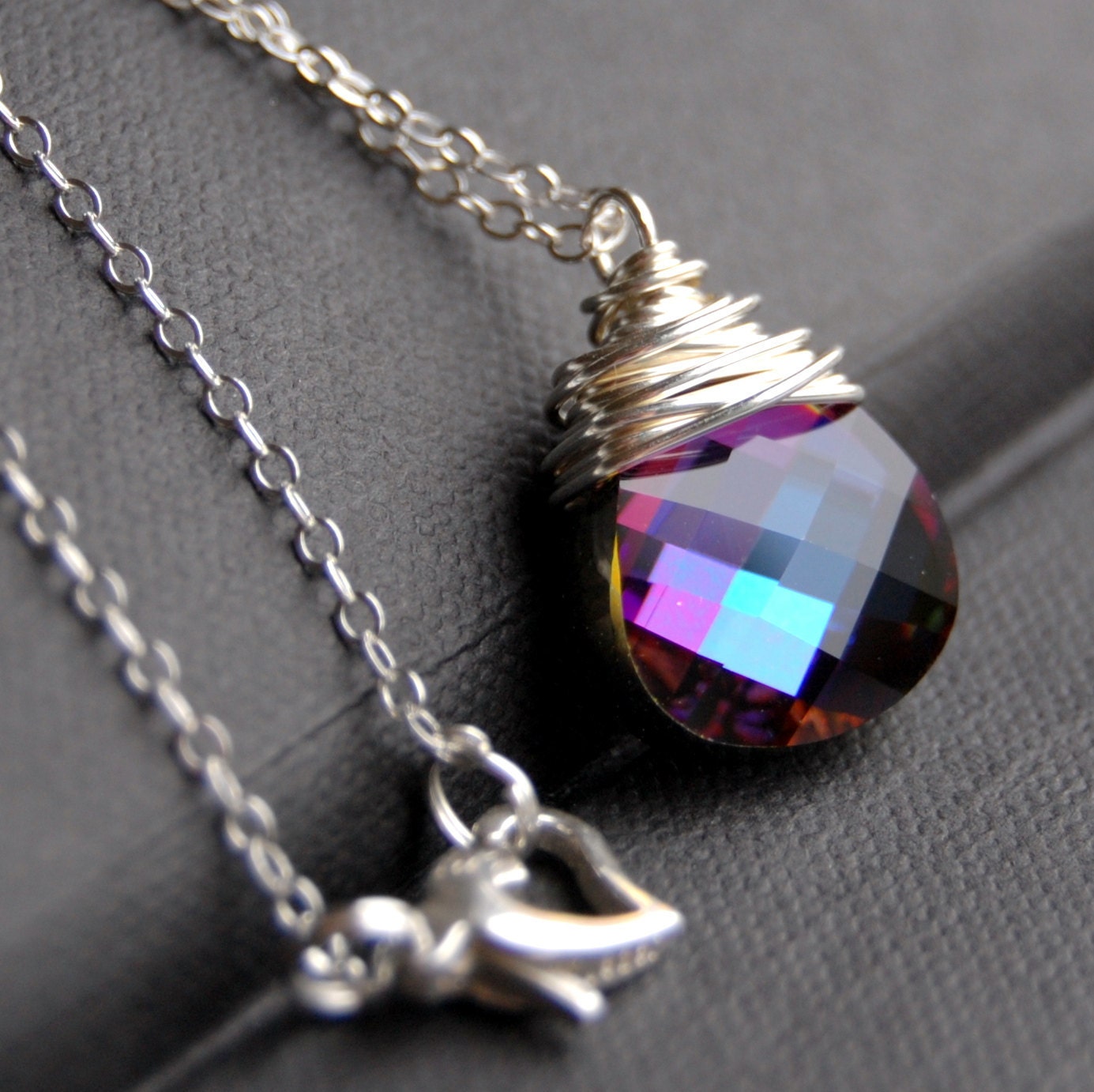 Crystal Pendant Necklace, Heliotrope Swarovski Crystal Wire Wrapped Flat Pear Briolette Teardrop on Sterling Silver Cable Chain