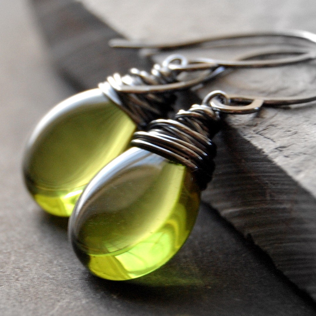 Olive Green Glass Earrings, Oxidized Sterling Silver Wire Wrapped Czech Glass Flat Teardrop, Handmade Sterling Silver Earwires