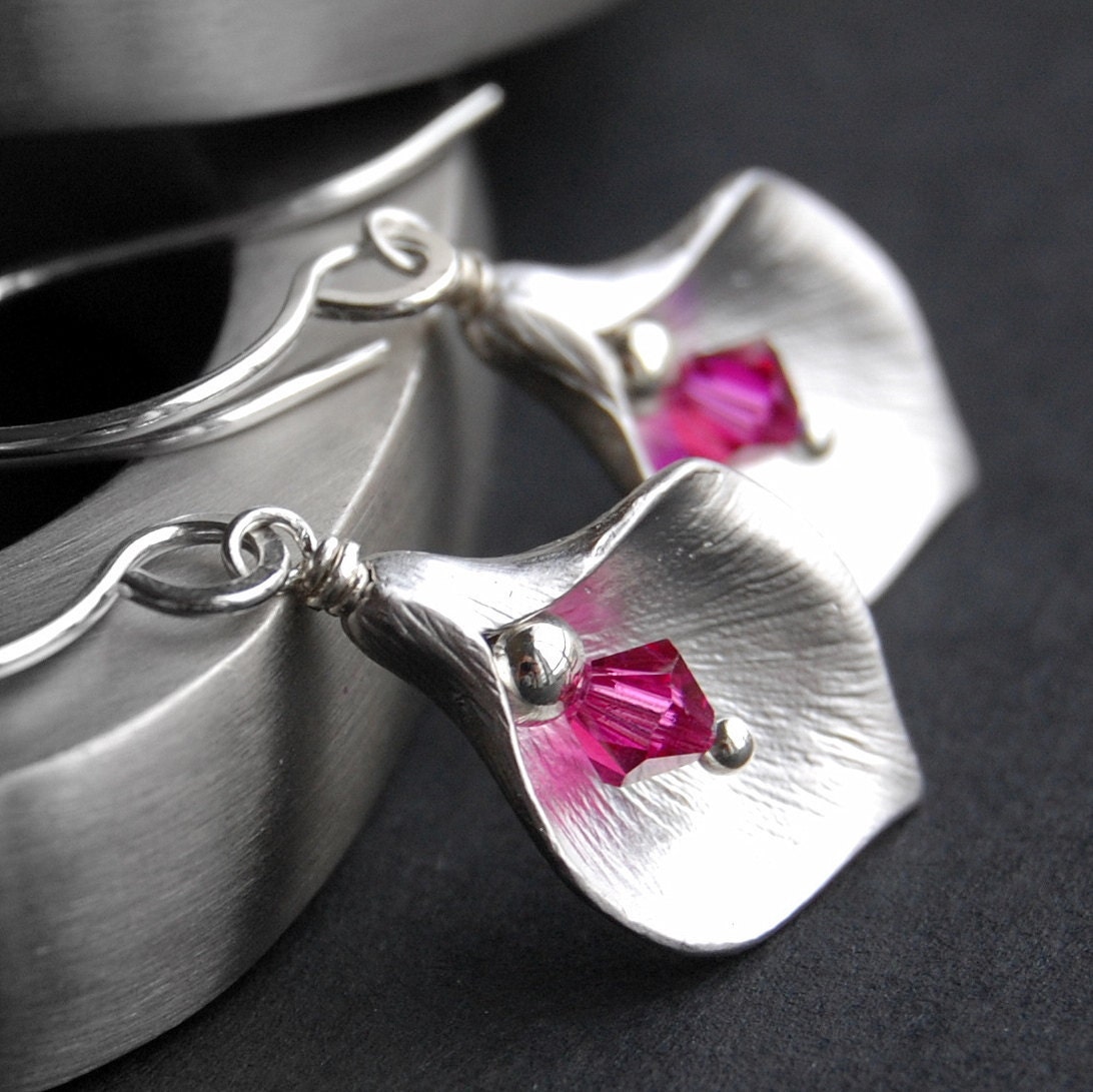 Calla Lily Earrings, Pink Fuchsia Swarovski Crystal, Matte Silver, Hammered Sterling Silver Earwires, Custom Wedding Colors