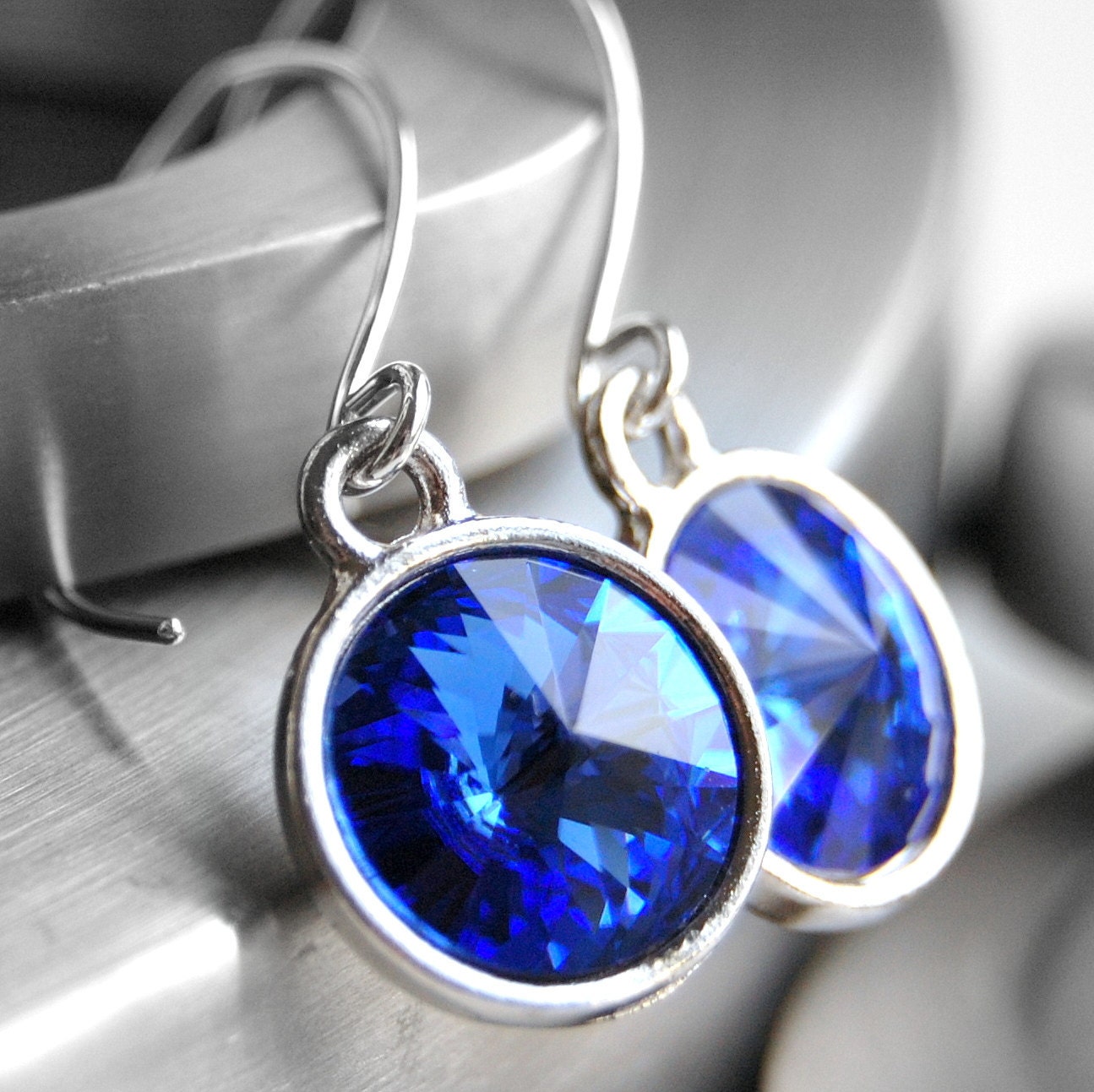 Blue Earrings, Sapphire Blue Swarovski Crystal Rivoli Drops, Handmade Sterling Silver Earwires