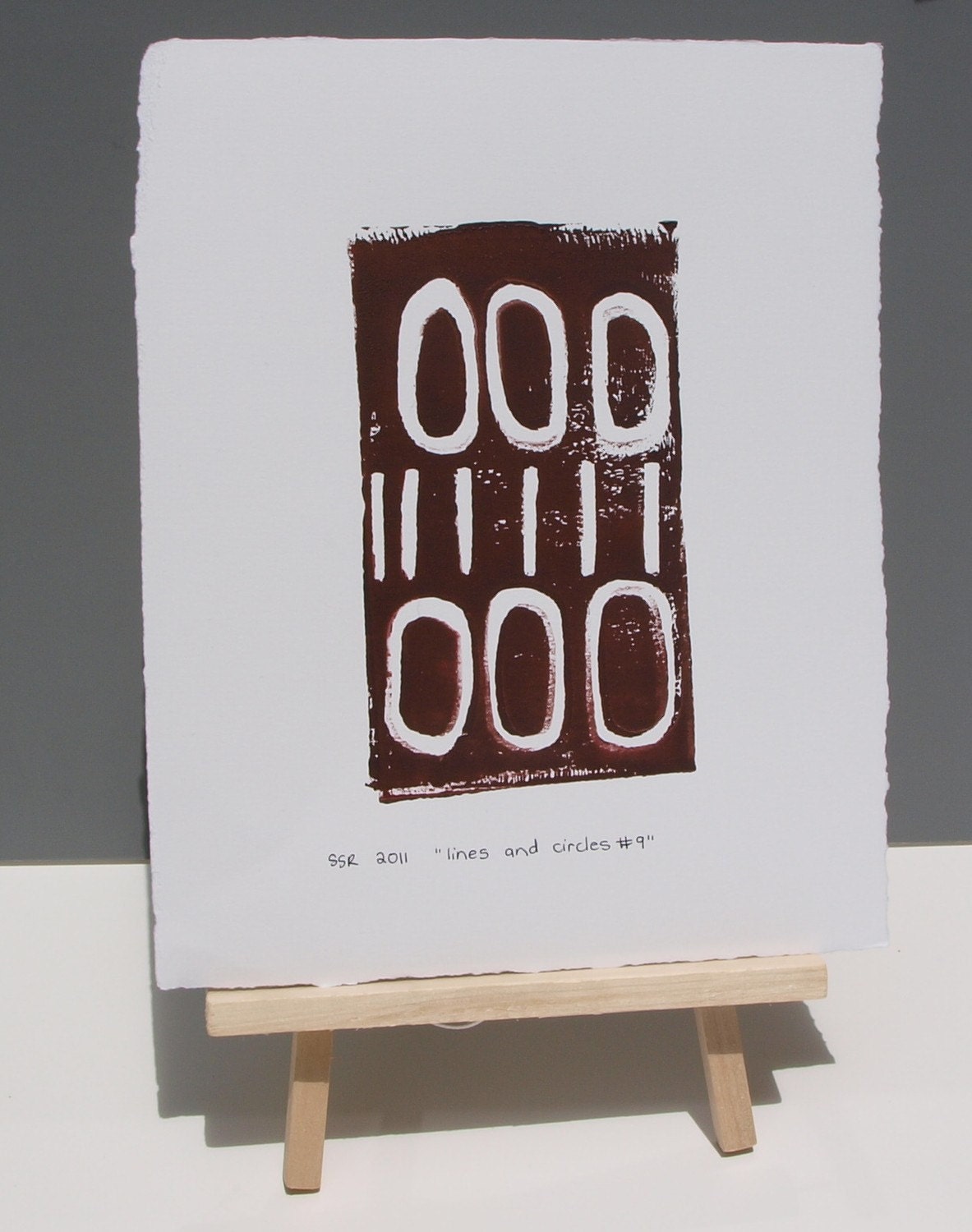 Modern Industrial Design Linocut Print Dark Coffee Brown Lines and Circles 9x12