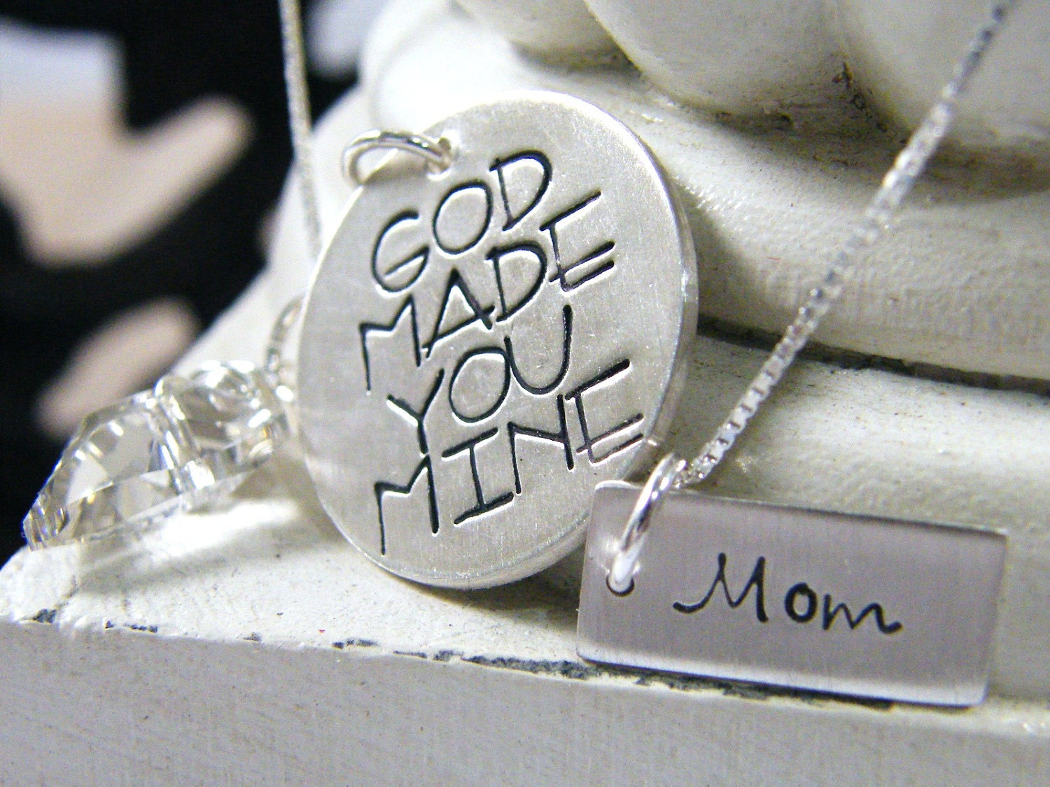 mothers day wedding day new baby pendant God made you mine sterling silver large round matte finish