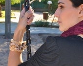 Crocheted  Cuff, Girlfriend Gift, Embellished, Steampunk Accessory, Butterfly charm, wood buttons. wrist bracelet