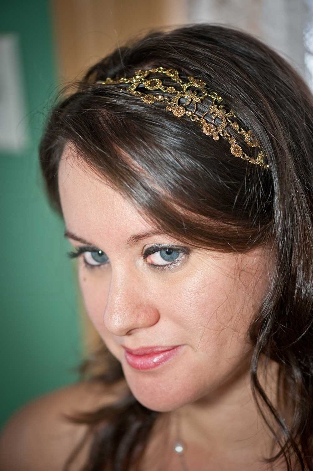 Iriana - Vintage style Jeweled Ribbon Headband - Gold