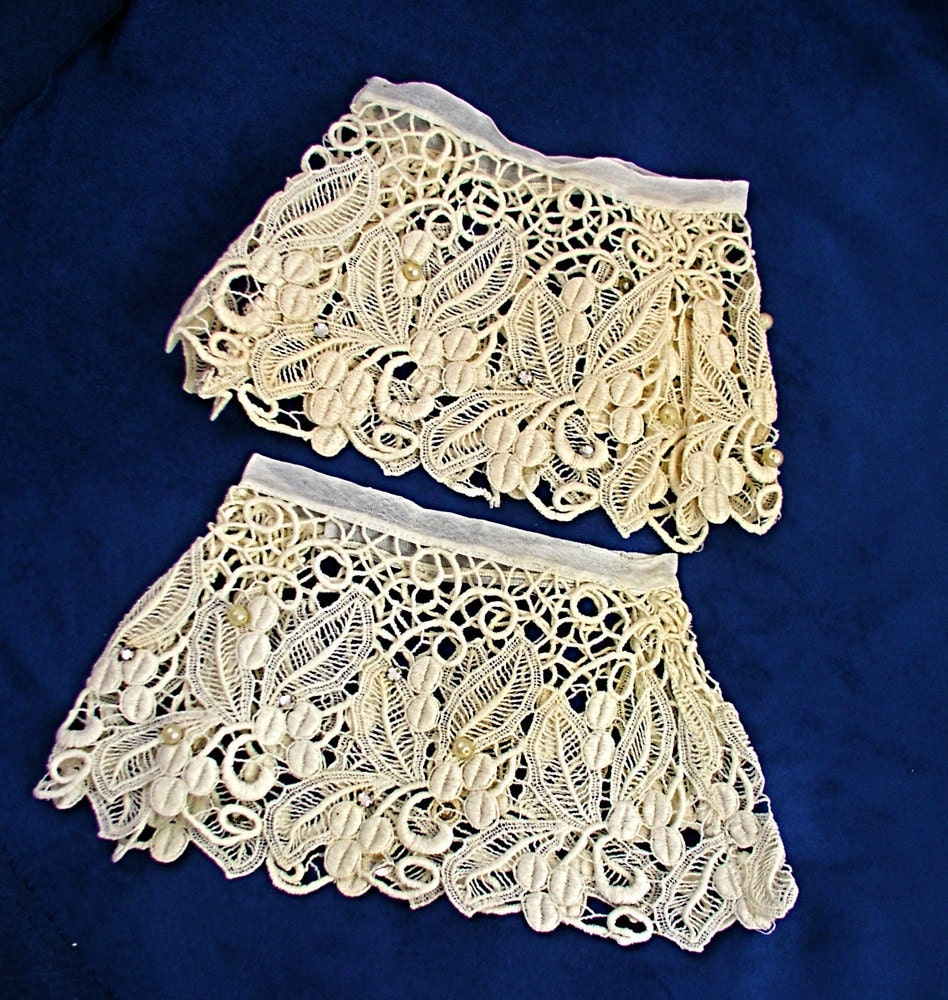 Vintage Pair Cream Lace Cuffs with Rhinestones & Faux Pearls - Free USA Shipping