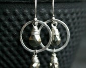 Handmade silver earrings, fools gold pyrite teardrop earrings, wire wrapped silver earrings, circle, Mimi Michele Jewelry