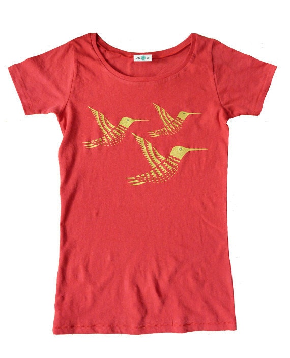 Gold Hummingbirds Organic Red Scoop Neck TShirt