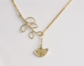 Bird Branch Necklace, Gold Deliate Lariat, leafy dove charm pendant, holidays gift jewelry, by balance9